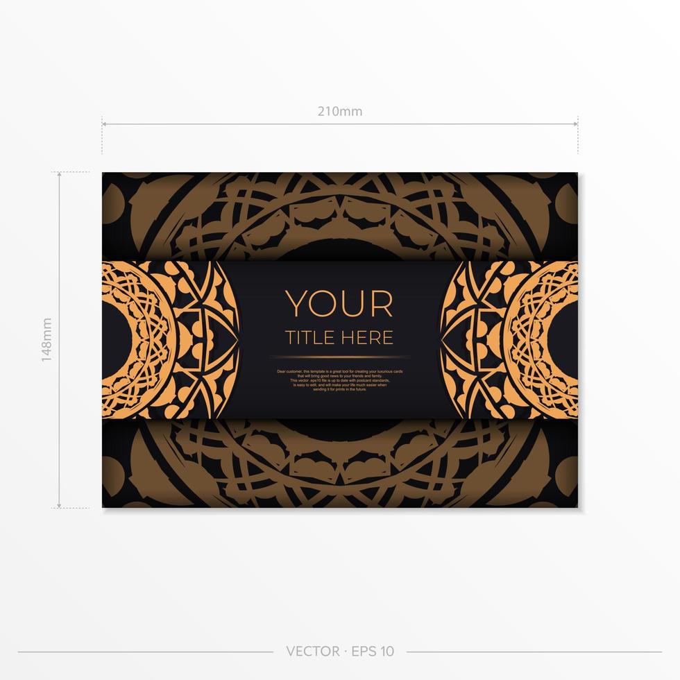 Black color postcard design with orange patterns. Vector invitation card with place for your text and abstract ornament.