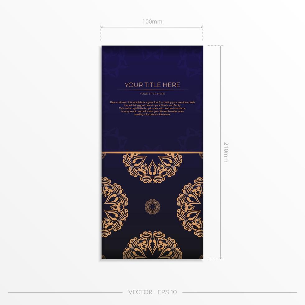 Stylish Template for postcard print design in purple color with luxurious Greek patterns. Vector preparation of invitation card with vintage ornament.