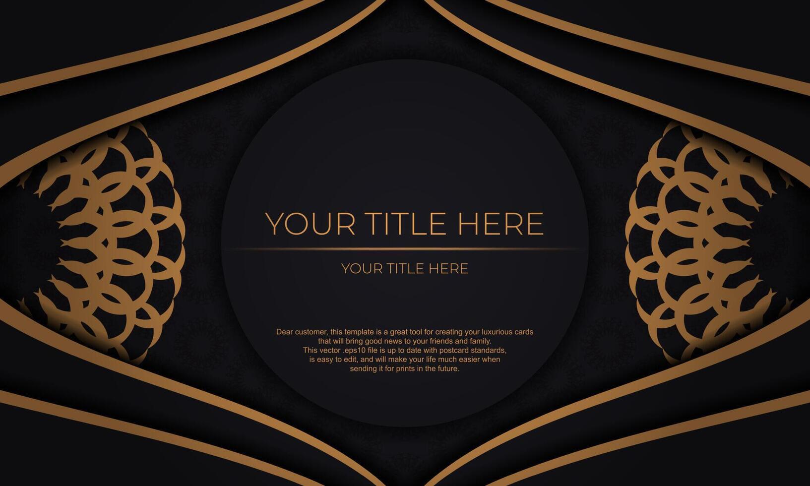 Invitation card design with luxurious ornaments. Black vector background with greek luxury ornaments and place for your design.