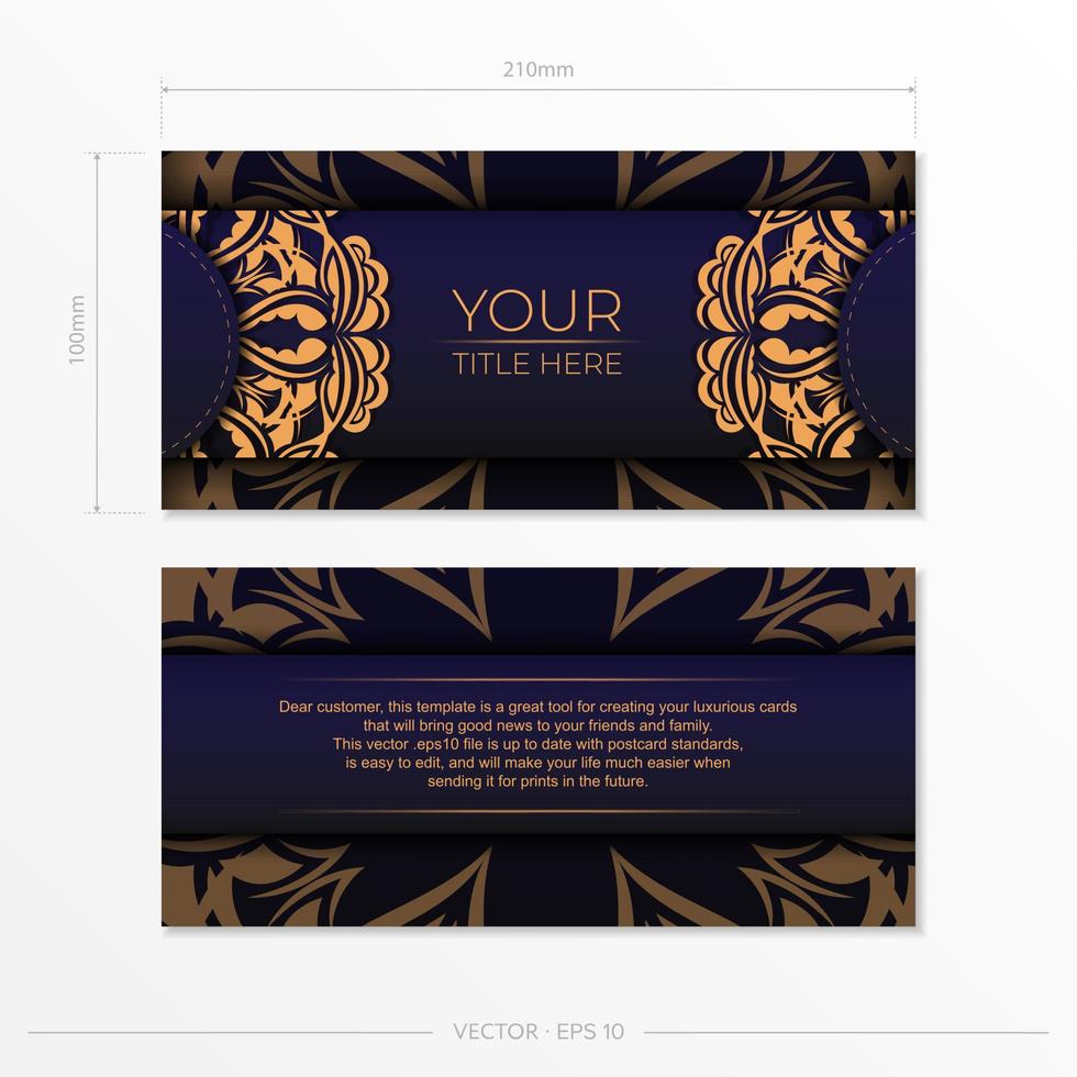 Stylish vector Template for postcard print design in purple color with luxury Greek ornaments. Preparing an invitation card with vintage patterns.