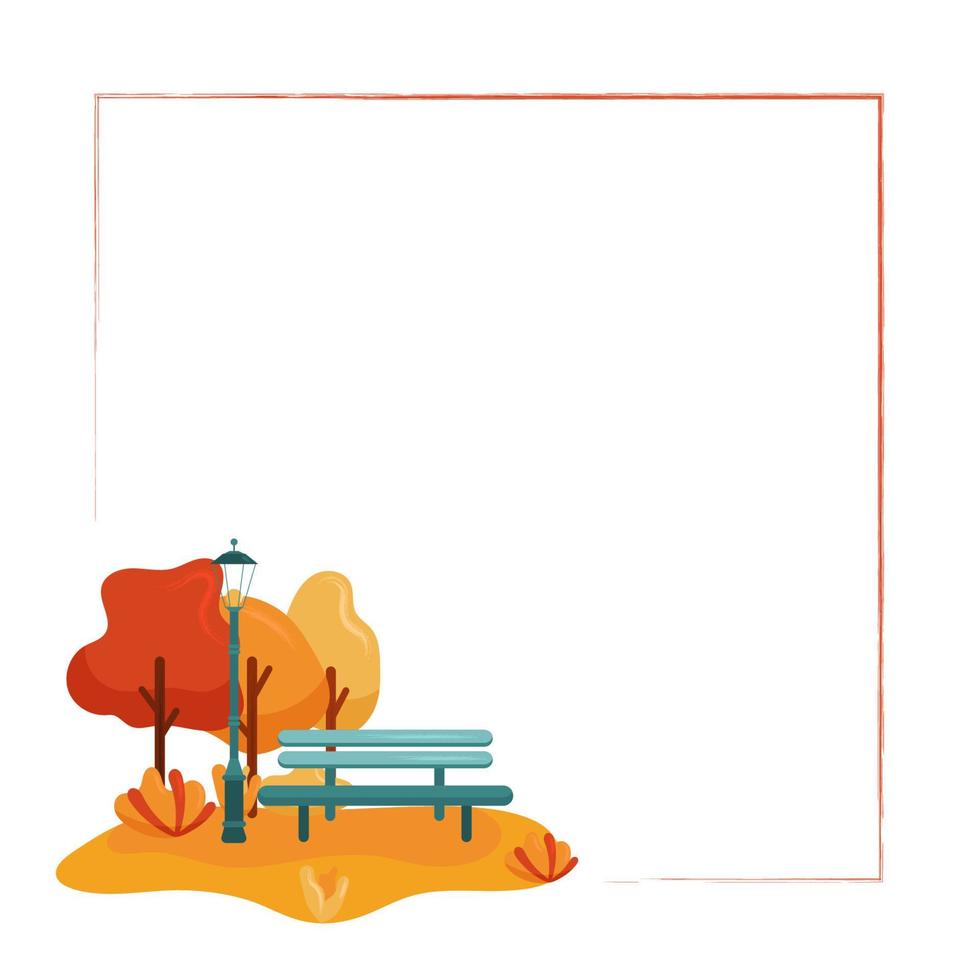 Decorative Vector Square Frame With Autumn Park Scene With Trees, Bench and Street Light. Perfect for Social Media, Banners, Cards, Printed Materials, etc.