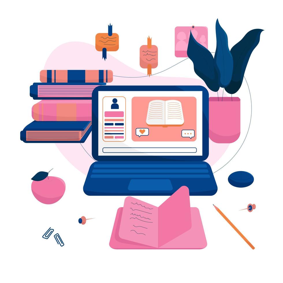 Online Education Vector Illustration With Computer, Books, Home Plant, Note Pad and Other Objects on the Desktop. Perfect for Web Banners, Social Media, Printed Materials, etc.