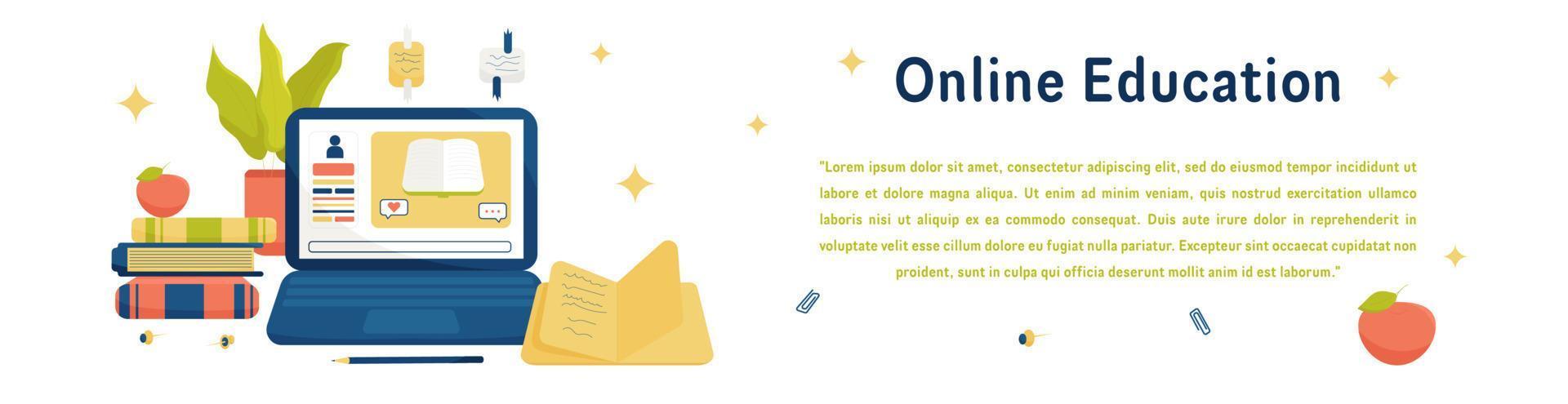 Online Education Vector Banner With Computer, Books, Home Plant, Apple and Other Objects. Perfect for Websites, Social Media, Printed Materials, etc.