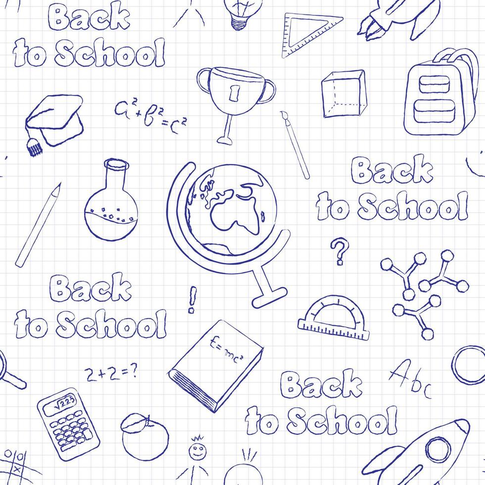 Vector Seamless Pattern With Pen Drawings of School Equipment on the Copybook Page. Perfect for Wrapping Paper, Packing, Wallpaper, etc.