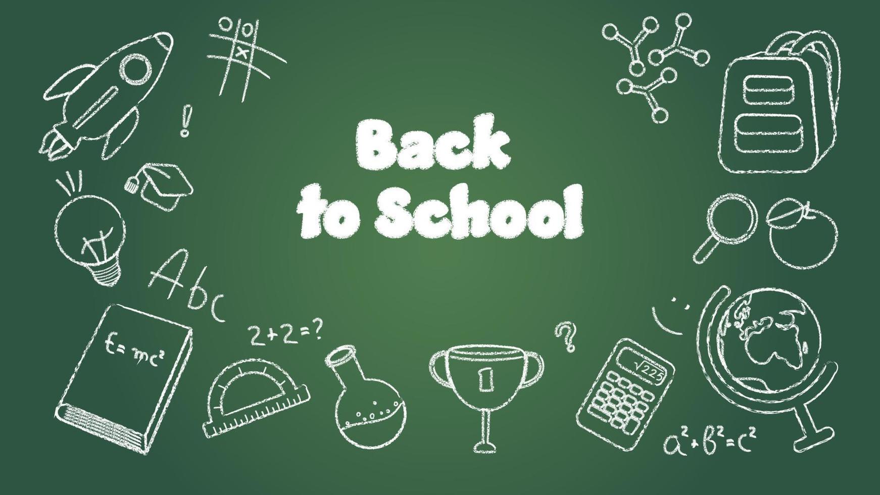Vector Banner Back to School With Chalk Drawn School Equipment on the Chalkboard. Perfect for Web Sites, Social Media, Printed Materials, etc.