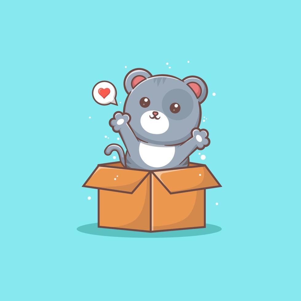 lindo gato en la ilustración del icono de vector de caja. gato y cuadrado, estilo de caricatura plano adecuado para páginas de inicio web, pancartas, pegatinas, fondos