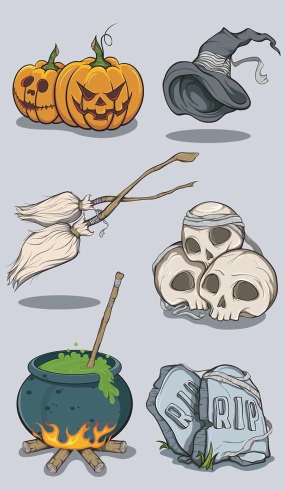 Halloween celebration set, pumpkin, witch hat, witch's broomstick, skull, furnace, headstone vector