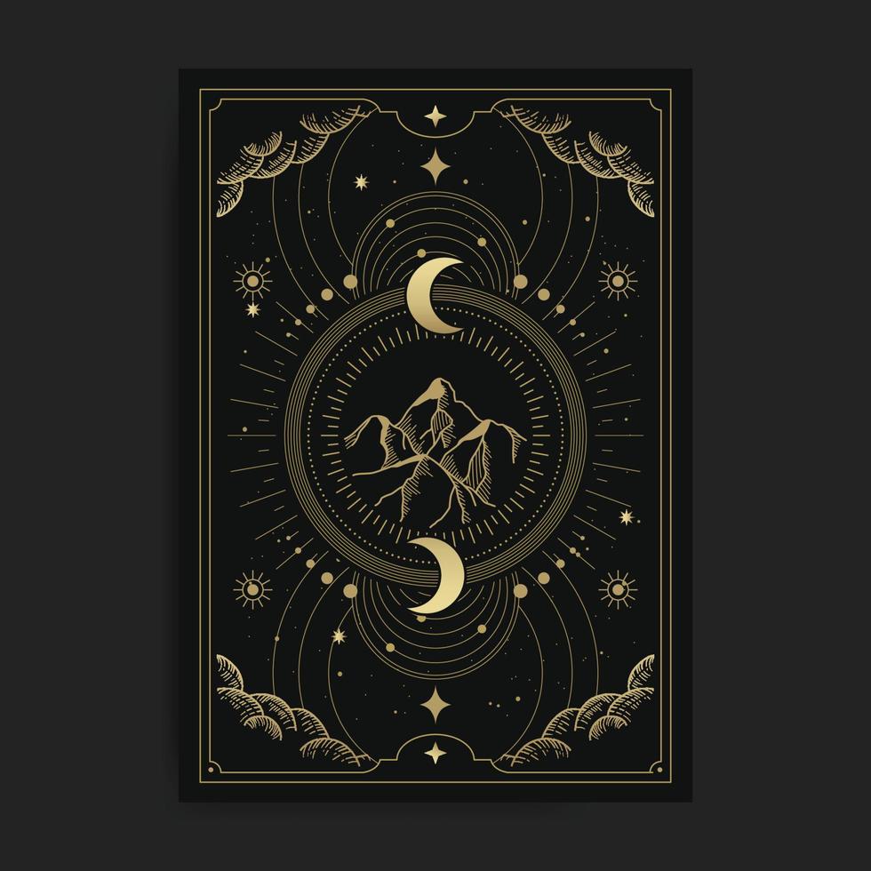 Mountain, crescent moon, golden sacred geometry vector