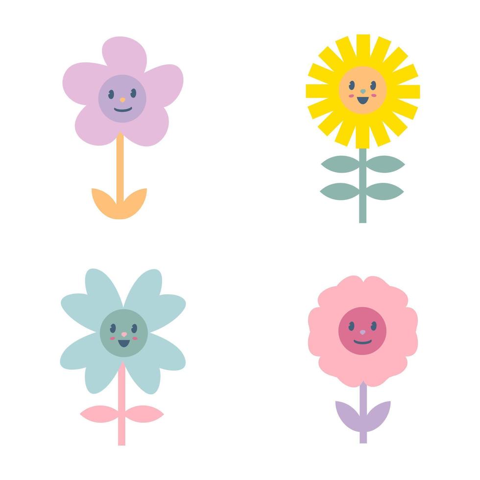 Set of y2k cute groovy smile flower stickers. vector