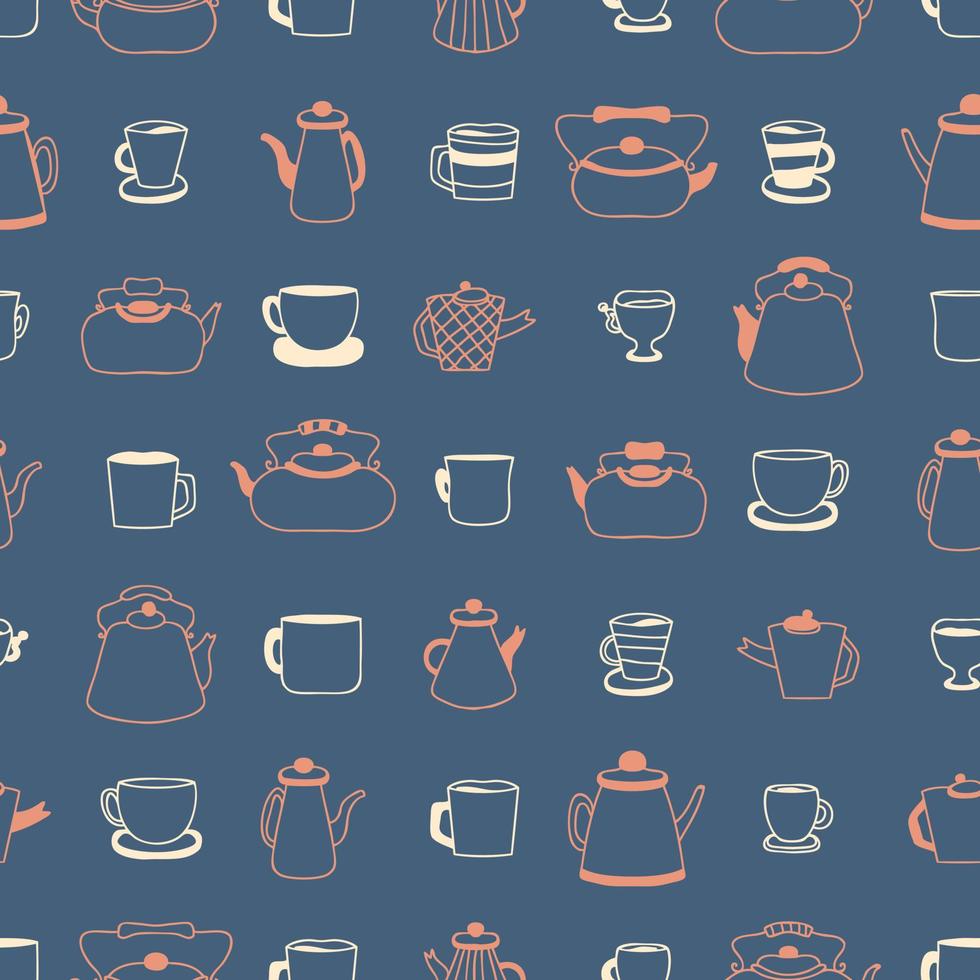 Doodle teapot, cups and mugs simple seamless pattern. vector