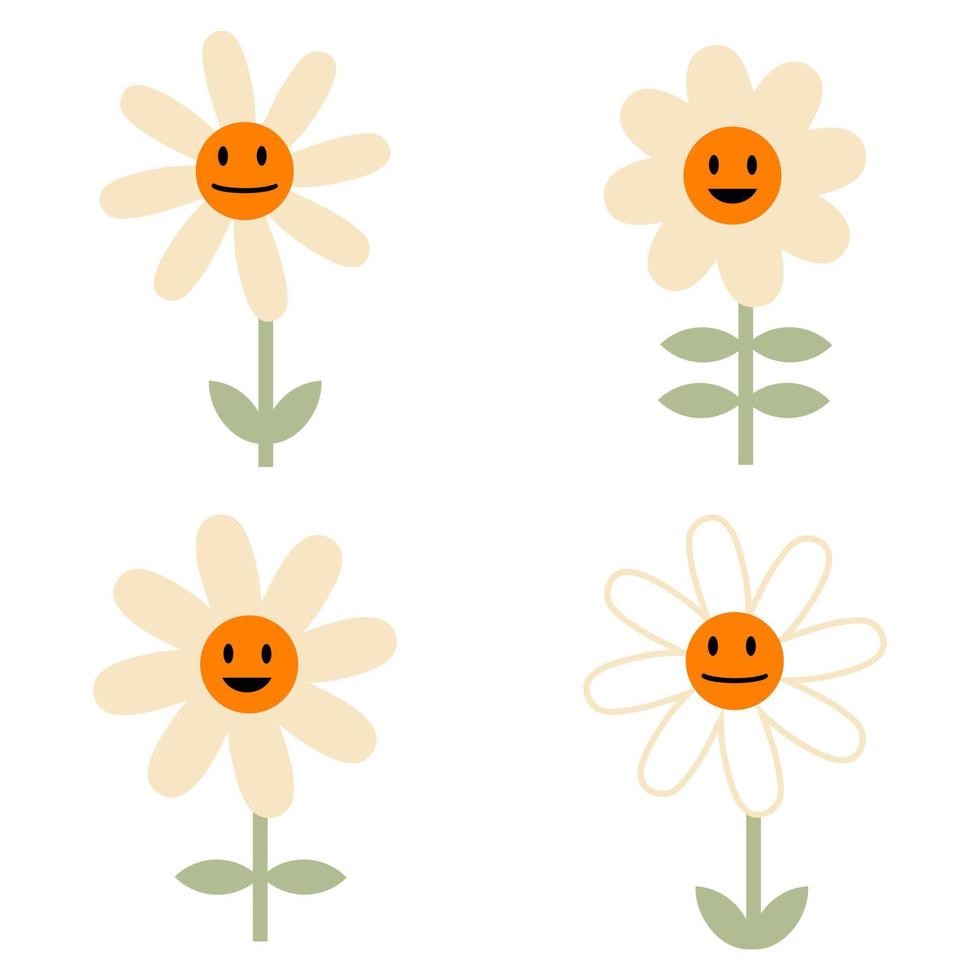 Positive retro style daisies flowers stickers collection. vector