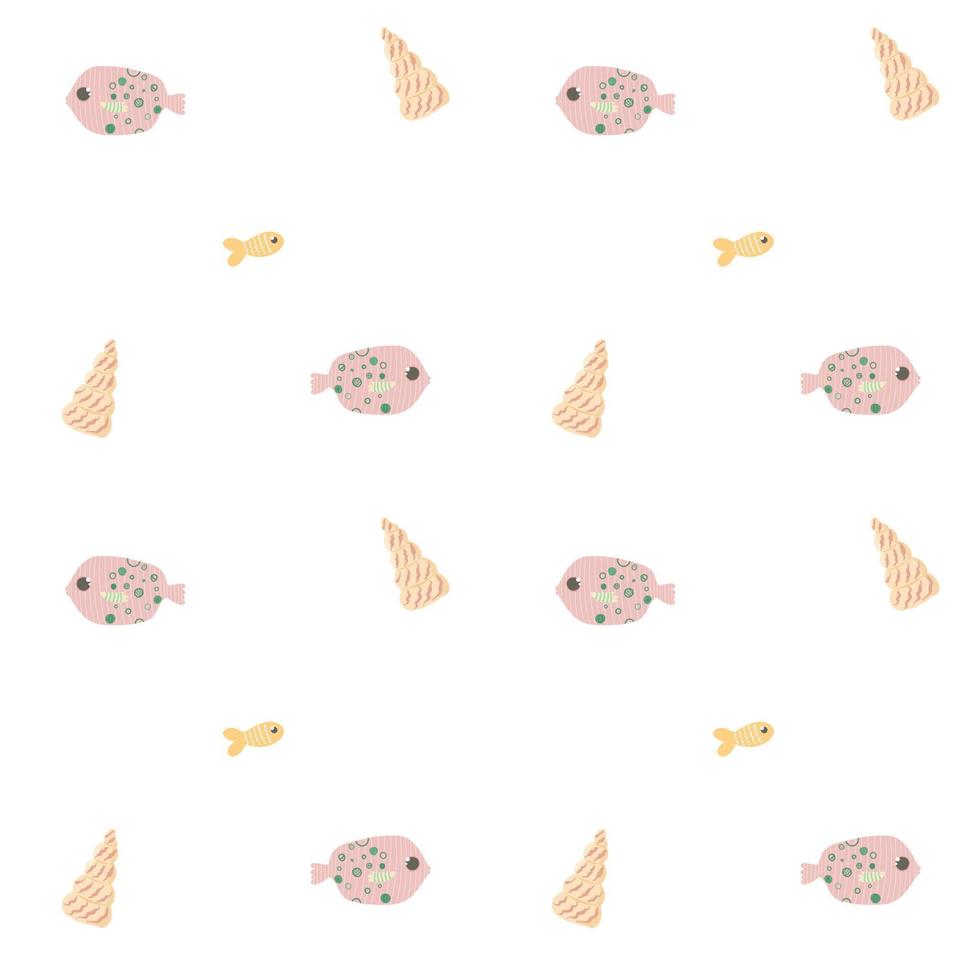 Cute illustrated pattern with fish, octopus, algae, shells. Hand-drawn fish on a pattern for textiles, children's clothing, wallpaper, wrapping paper, smartphone cases. vector