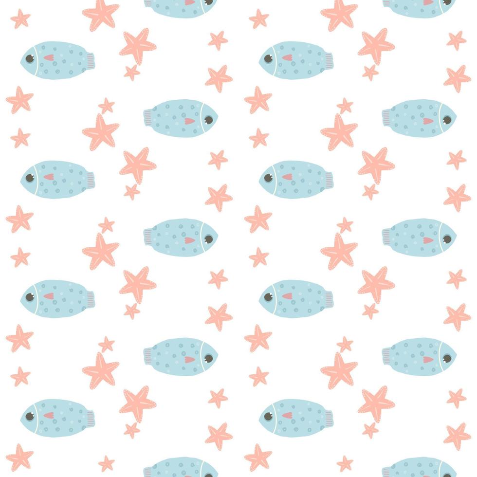 Cute illustrated pattern with fish, octopus, algae, shells. Hand-drawn fish on a pattern for textiles, children's clothing, wallpaper, wrapping paper, smartphone cases. vector