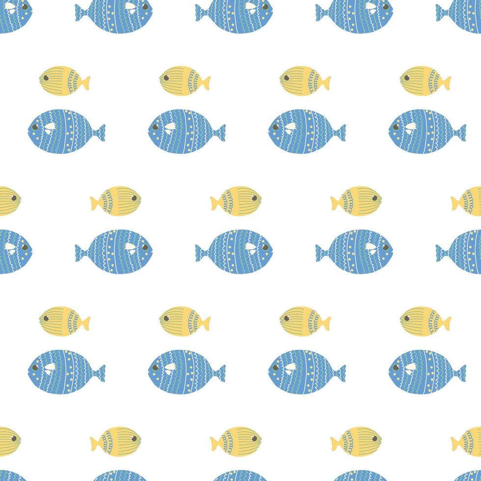 Cute illustrated pattern with fish, octopus, algae, shells. Hand-drawn fish on a pattern for textiles, children's clothing, wallpaper, wrapping paper, smartphone cases. vector