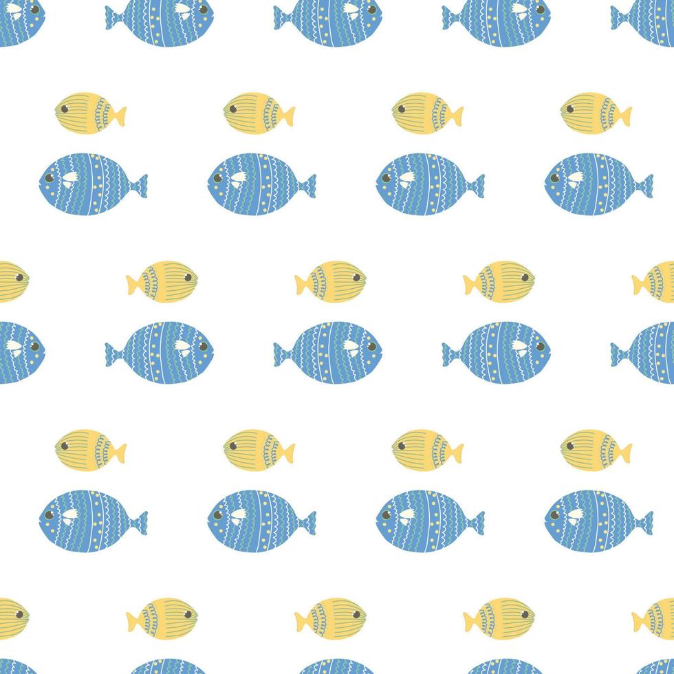 Cute illustrated pattern with fish, octopus, algae, shells. Hand-drawn fish on a pattern for textiles, children's clothing, wallpaper, wrapping paper, smartphone cases. vector