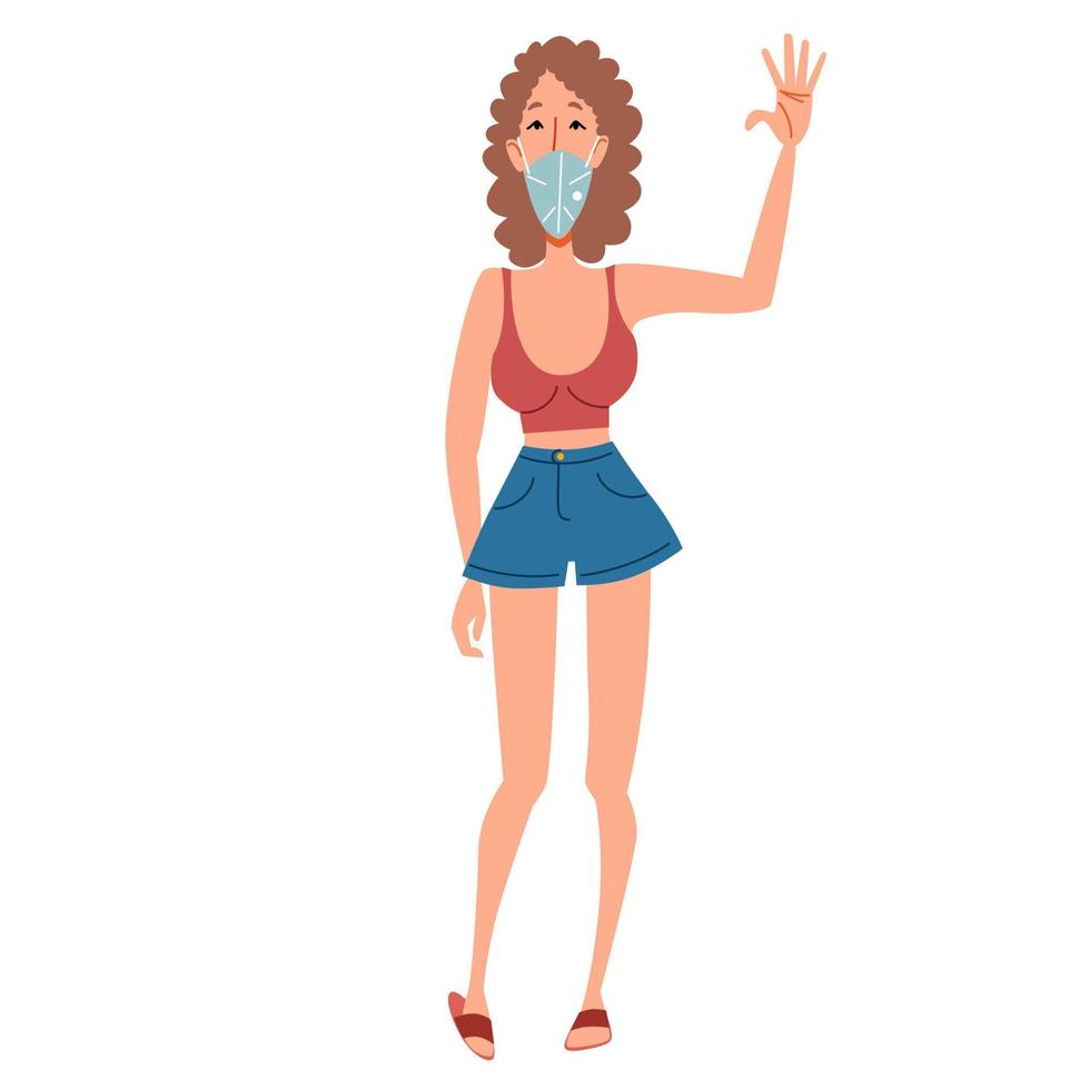 A fashionable skinny girl in a medical mask greets. Friendly greeting of a young woman. vector