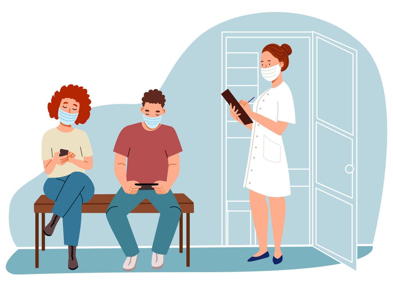 The doctor calls the patient to the office. masked people of different ages waiting in line. vector