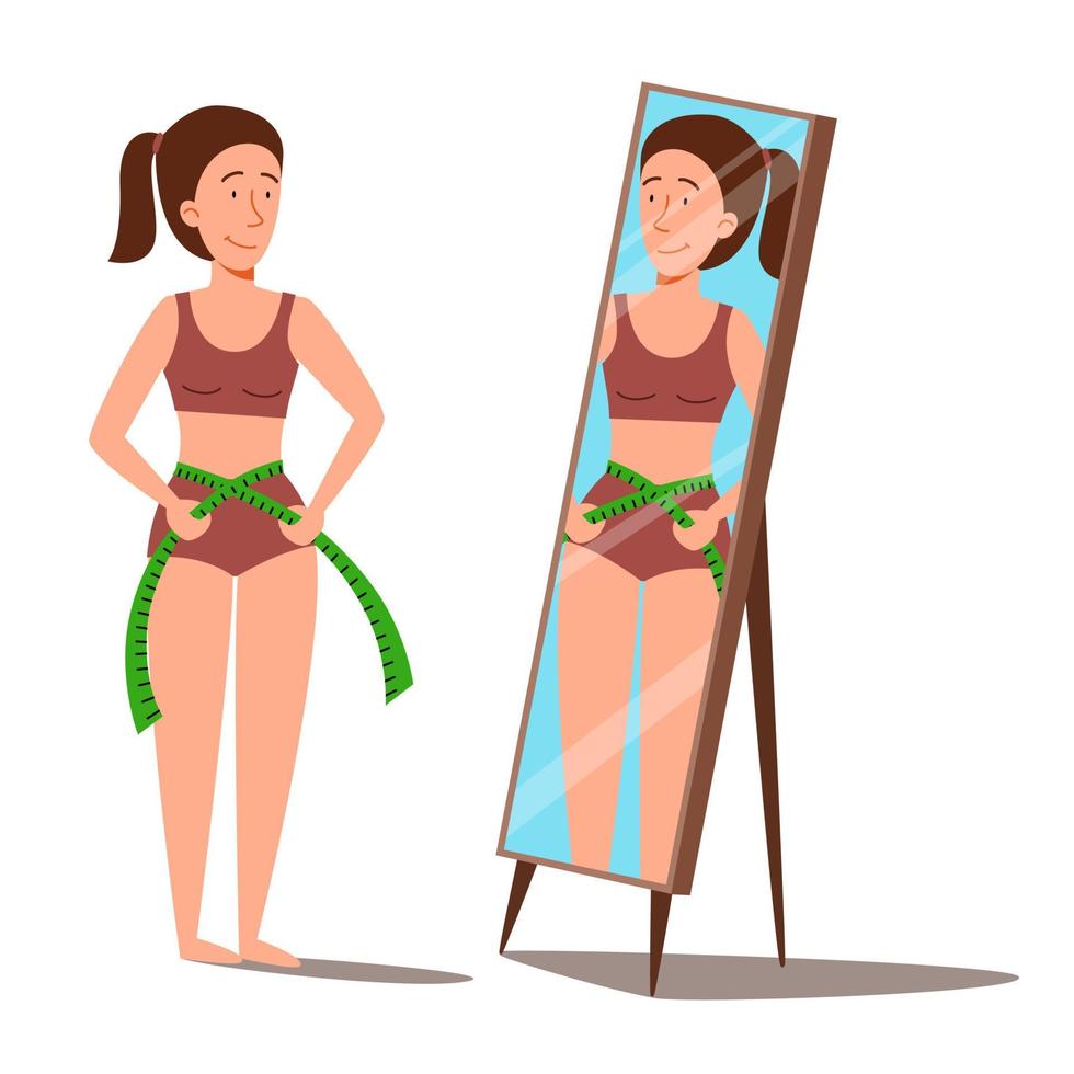 The girl in front of the mirror measures her waist. Control over your figure. vector