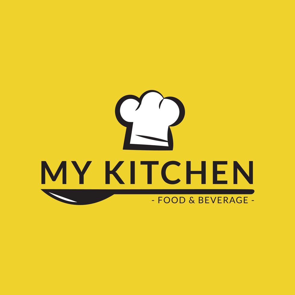 RESTO LOGO TEMPLATE ON YELLOW COLOR BACKGROUND. SPOON AND CHEF HAT ILLUSTRATION vector