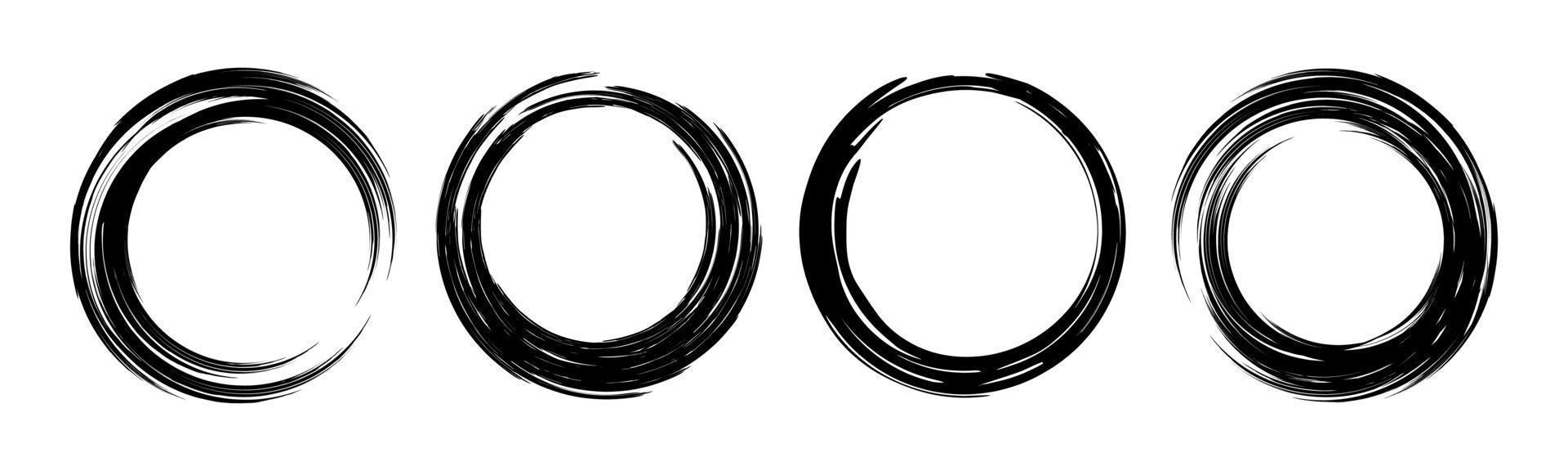 Set of grunge round frames black Paint Brush Stroke Circle Isolated Enso zen vector
