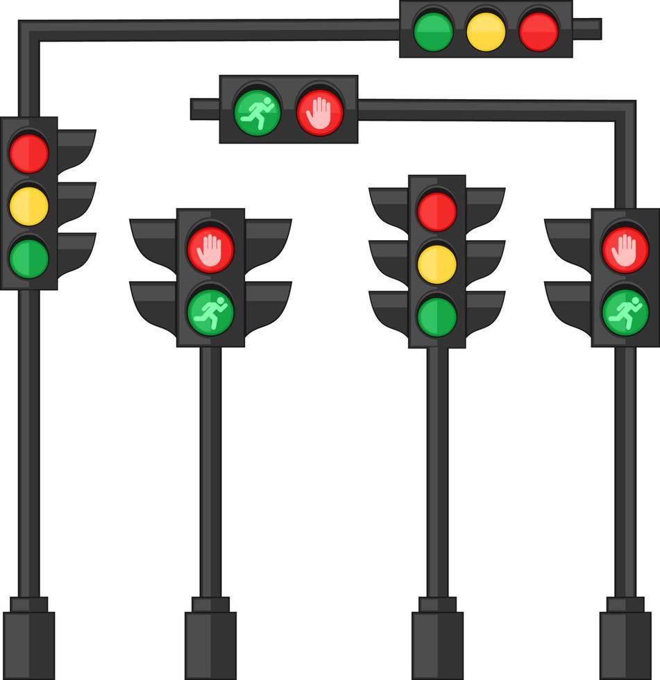 LED traffic lights showing sequence red, amber or green lights on transparent background. The rules of the road Vector illustration