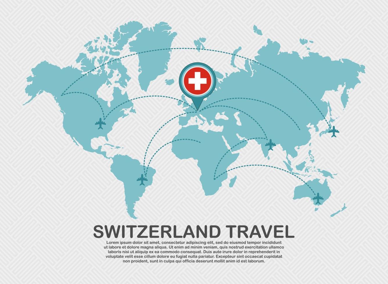 Travel to Switzerland poster with world map and flying plane route business background tourism destination concept vector