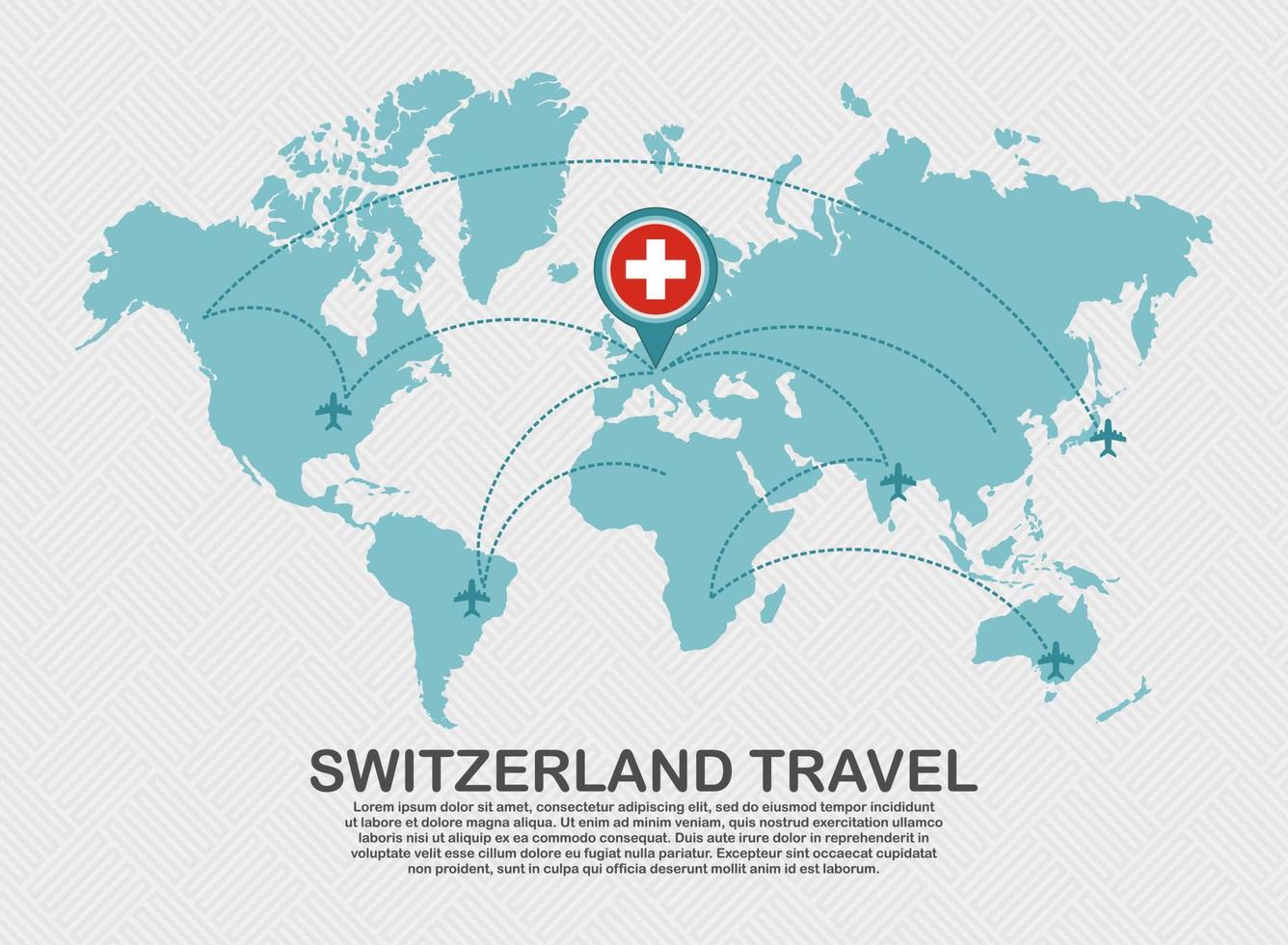 cartel de viaje a suiza con mapa del mundo y ruta de avión volador concepto de destino de turismo de fondo comercial vector