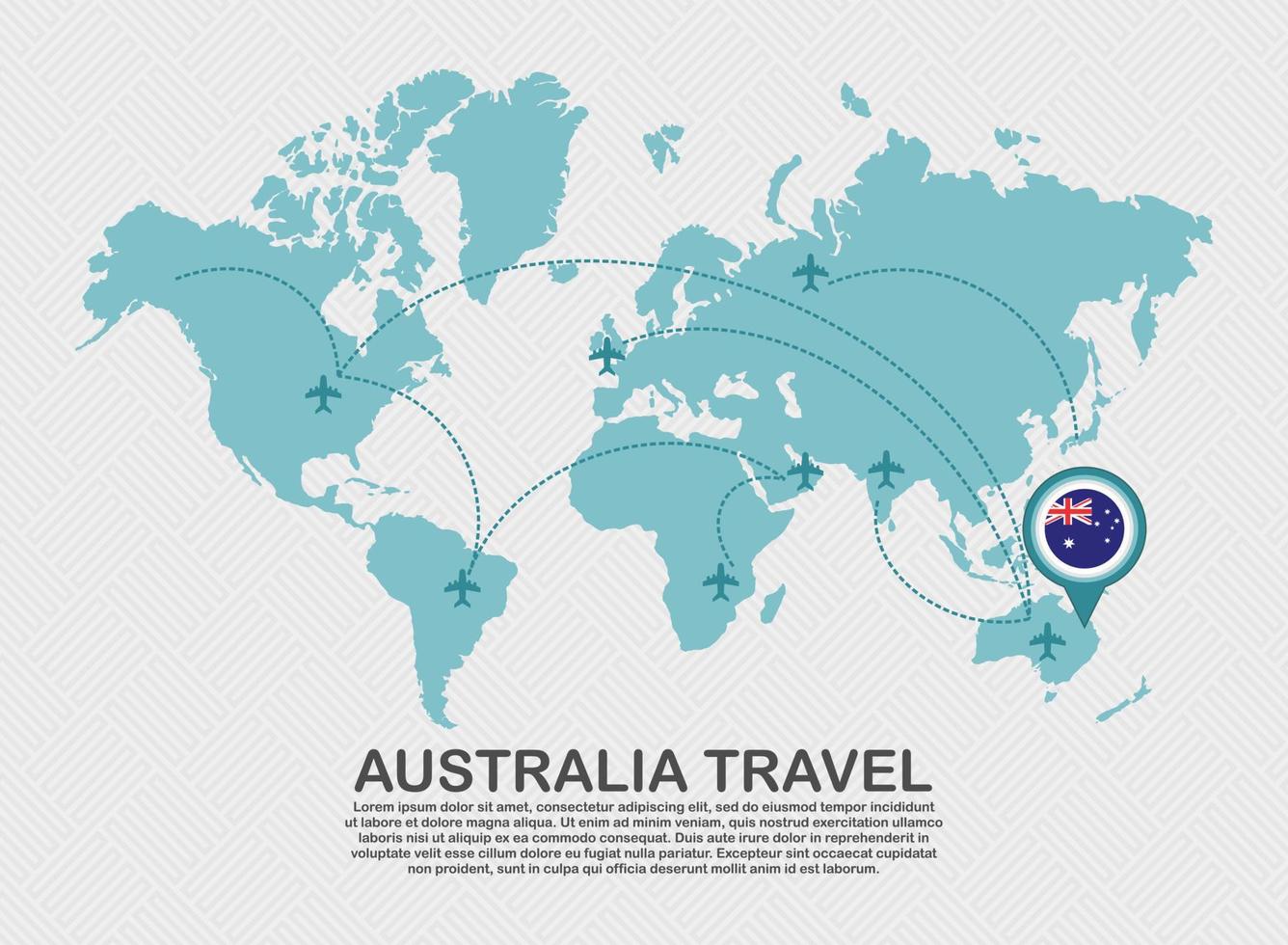 Travel to Australia poster with world map and flying plane route business background tourism destination concept vector