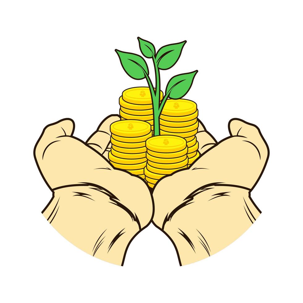 mano dando moneda de dinero con planta verde en la mano mano ayudando dinero vector