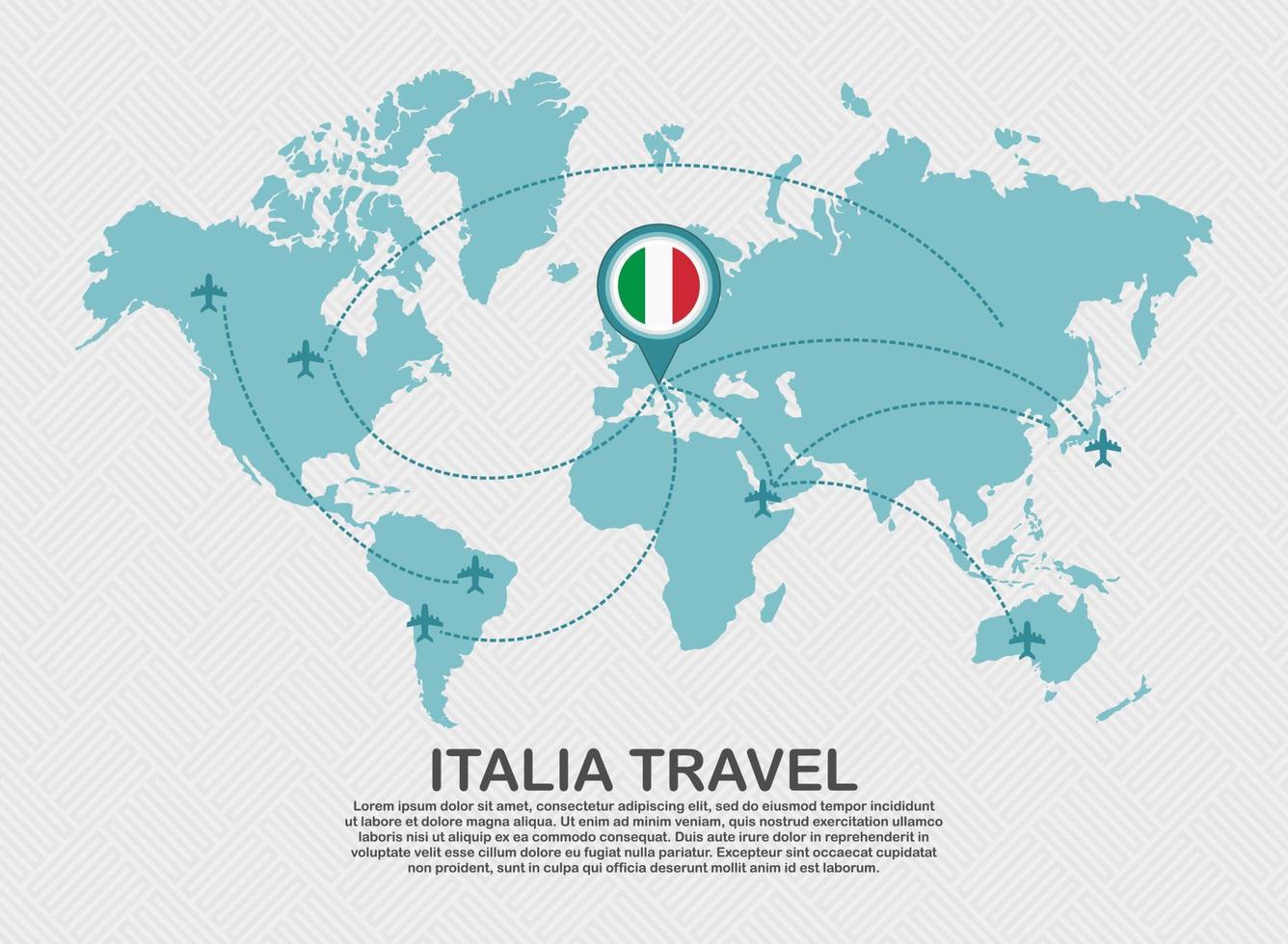 cartel de viaje a italia con mapa mundial y ruta de avión volador concepto de destino de turismo de fondo comercial vector
