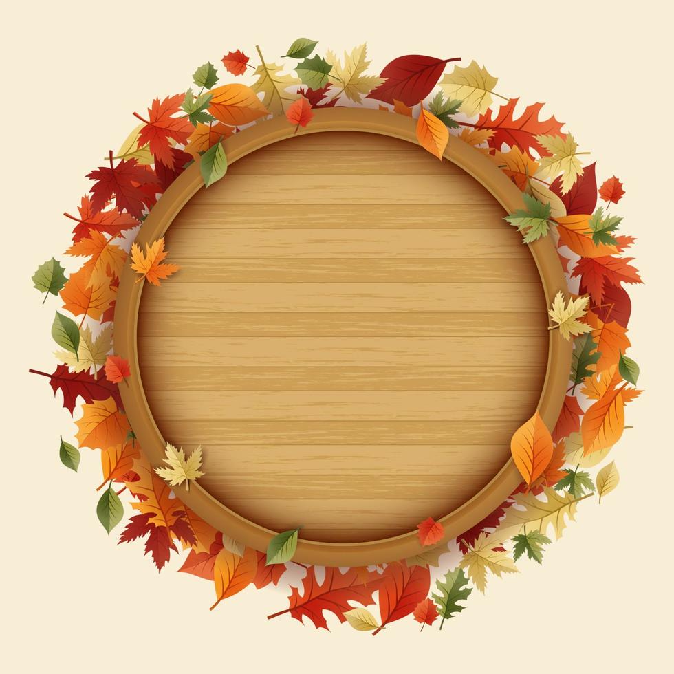 Autumn background with leaves and round wooden table, thanksgiving frame template background vector, autumn concept 2022 vector