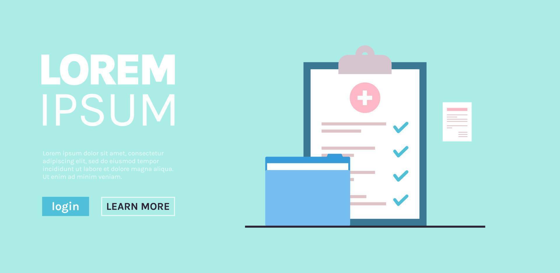 Hospital patient registration paper and medical checklist concept flat vector illustration.