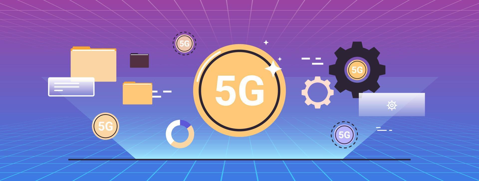 concepto futurista de velocidad de conexión a Internet 5g y conexión de sistema inalámbrico en línea ilustración de vector plano de tecnología de innovación de realidad virtual.