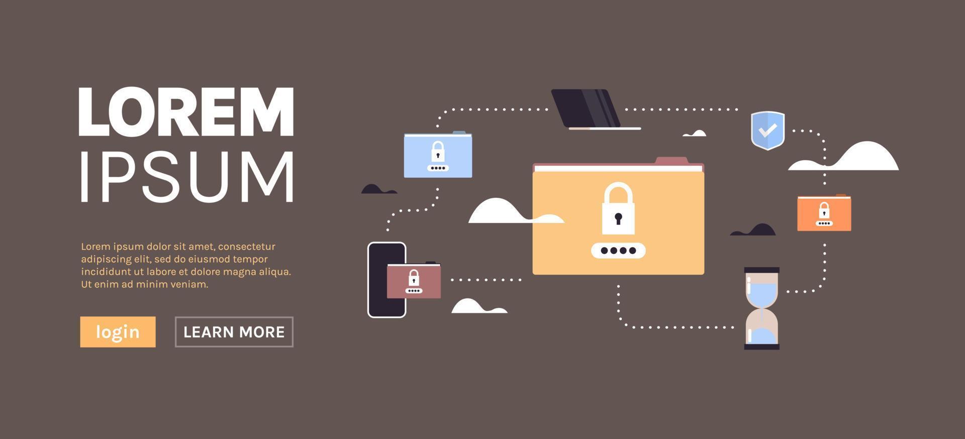 Data protection padlock security privacy database and folder password protect map internet mobile computer app concept horizontal flat vector illustration.