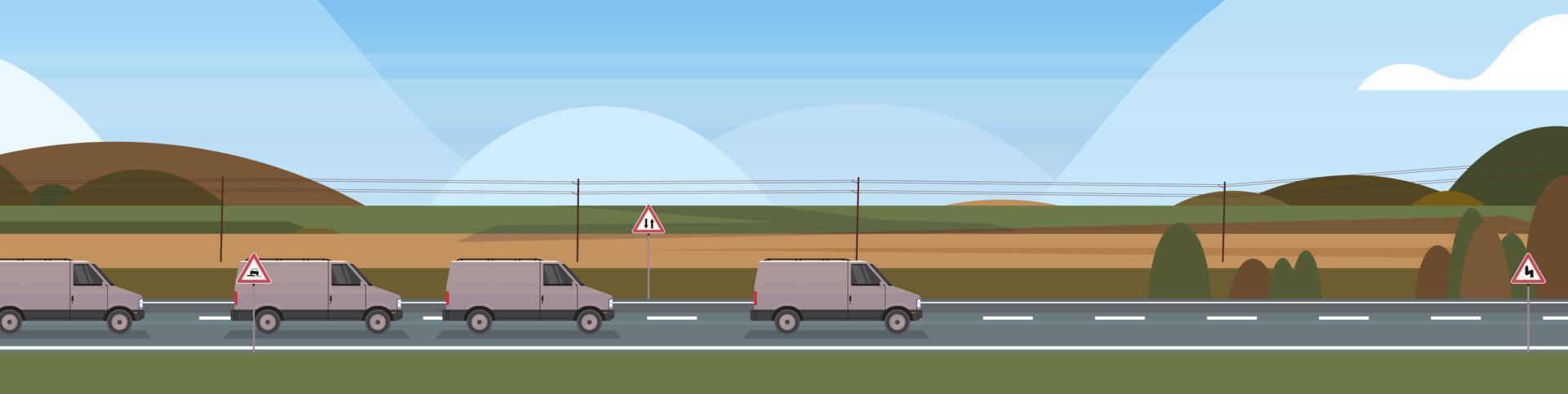 Cargo van driving road over mountains landscape concept horizontal flat vector illustration.