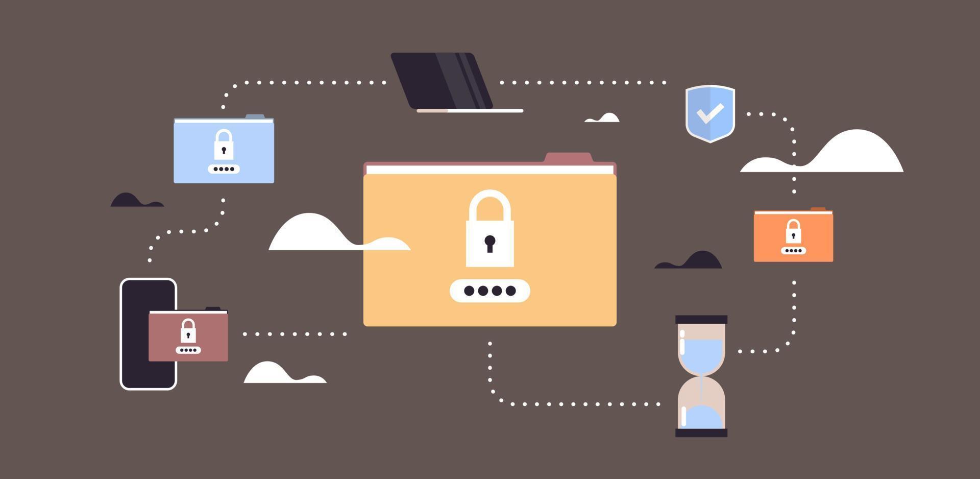 protección de datos candado seguridad privacidad base de datos y carpeta contraseña proteger mapa internet móvil computadora aplicación concepto horizontal vector plano ilustración.