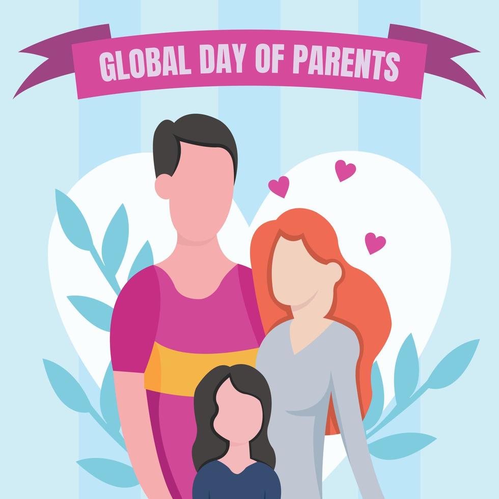 illustration vector graphic of a child standing with his parents, perfect for global day of parents, celebrate, greeting card, etc.