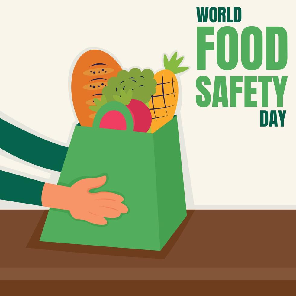 illustration vector graphic of hand holding a shopping bag filled with fruit and vegetables, perfect for world food safety day, celebrate, greeting card, etc.