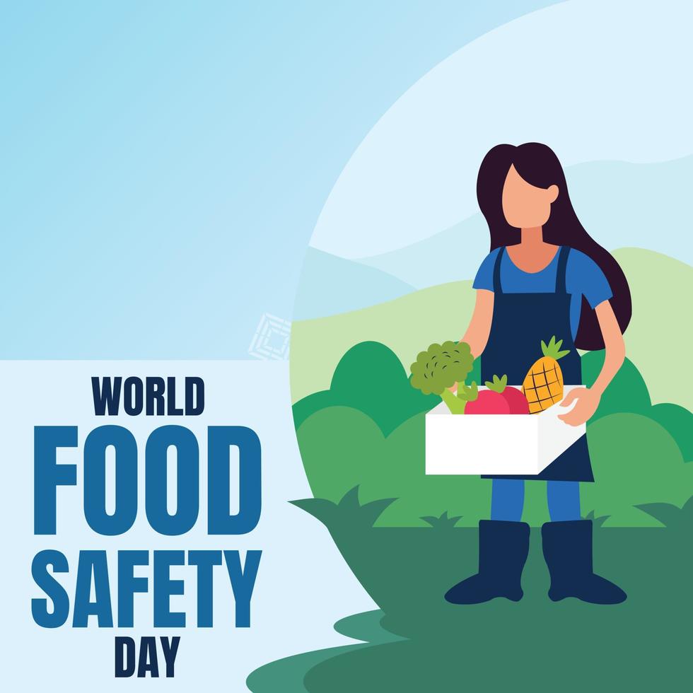 illustration vector graphic of a woman carries a trolley filled with fruit and vegetables, perfect for world food safety day, celebrate, greeting card, etc.