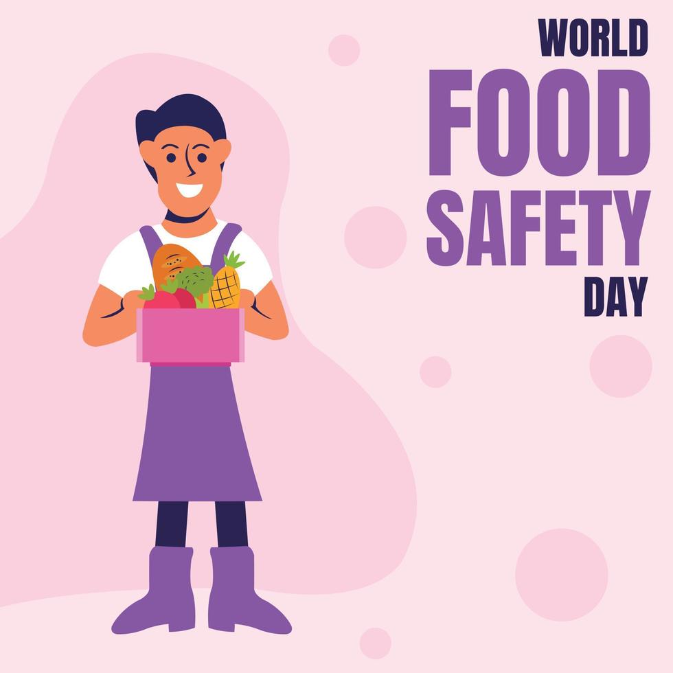 illustration vector graphic of boy carrying a box of fruits and vegetables, perfect for world food safety day, celebrate, greeting card, etc.