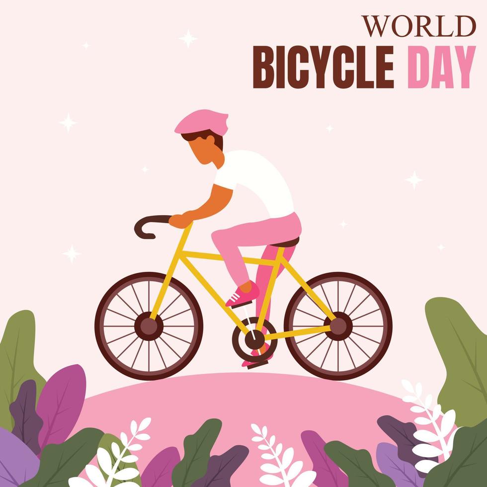 el gráfico vectorial ilustrativo de un ciclista es andar en bicicleta por la calle, mostrando flores, perfecto para el día mundial de la bicicleta, transporte, deporte, celebración, tarjeta de felicitación, etc. vector