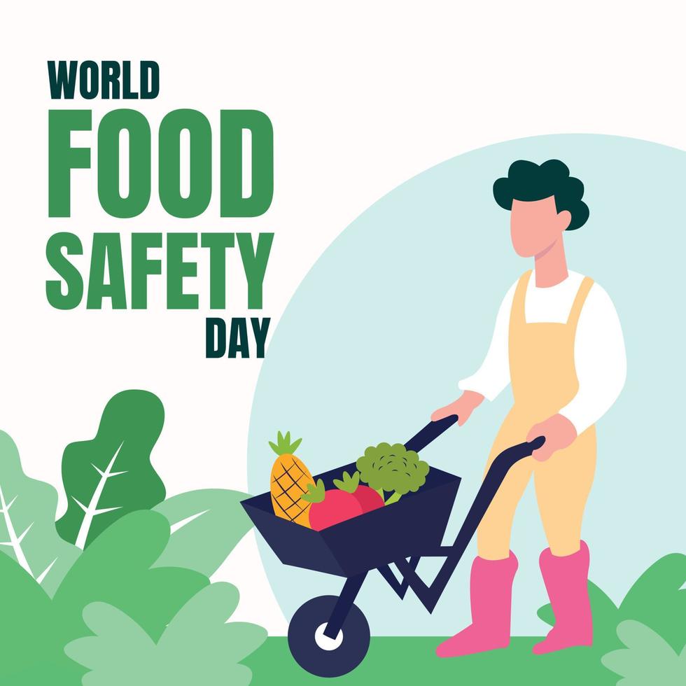 illustration vector graphic of male farmer carrying a trolley filled with fruit and vegetables, perfect for world food safety day, celebrate, greeting card, etc.