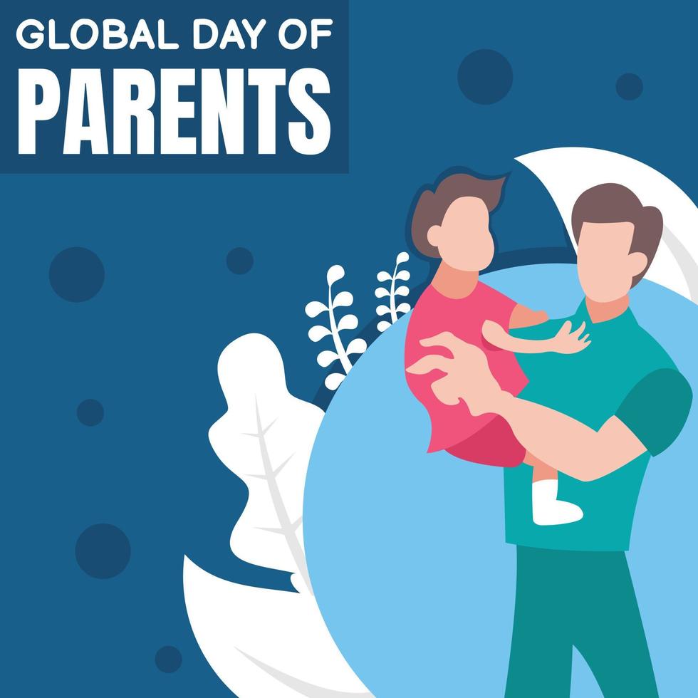 illustration vector graphic of the young father is holding his son, showing plant in the background, perfect for global day of parents, celebrate, greeting card, etc.