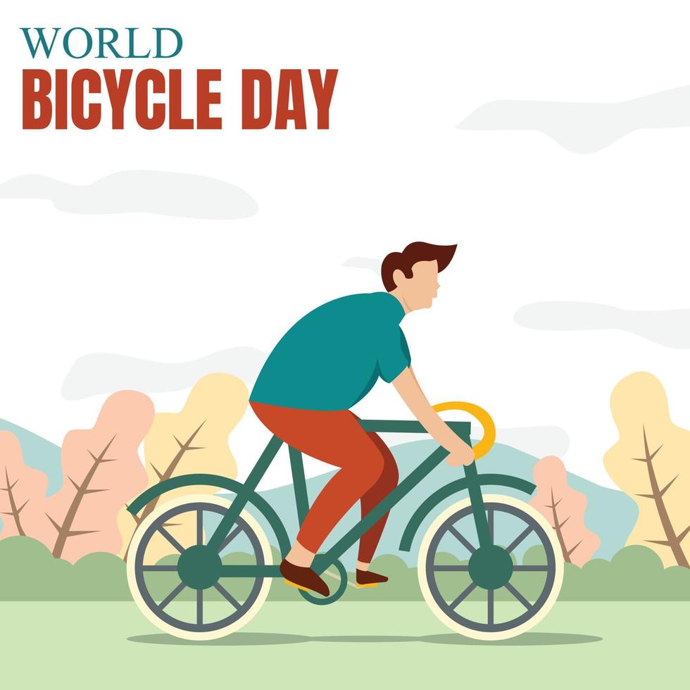illustration vector graphic of a man riding a bicycle in the garden, perfect for world bicycle day, transportation, sport, celebrate, greeting card, etc