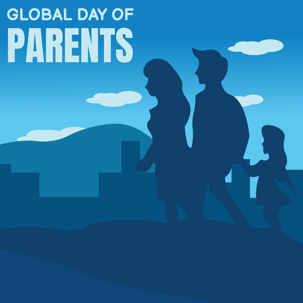illustration vector graphic of silhouette of a family walking in the suburbs, perfect for global day of parents, celebrate, greeting card, etc.