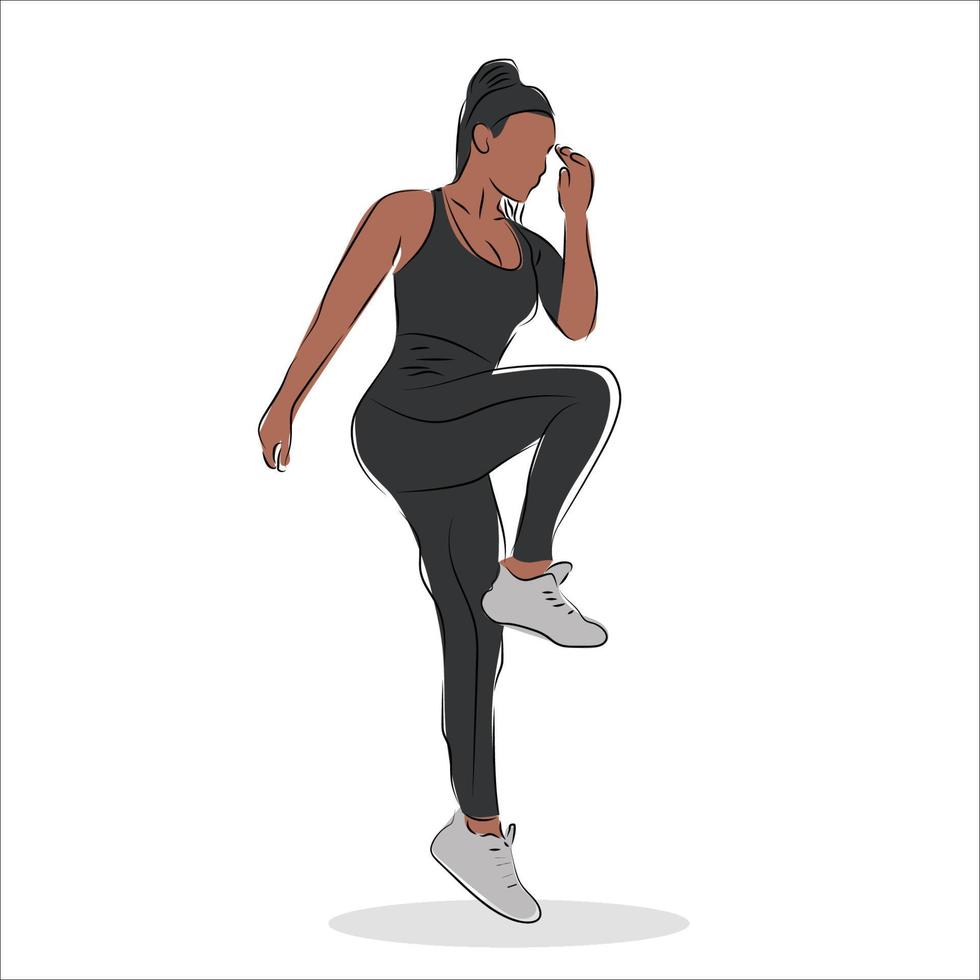 ilustración de una chica haciendo ejercicio de calentamiento corriendo en su lugar, diseño plano vector