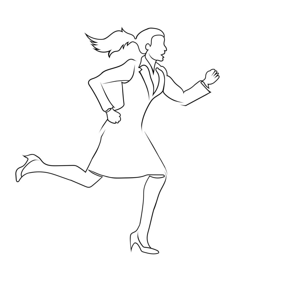 Girl run line art drawing style, the girl sketch black linear isolated on white background, the best office girl line art vector illustration.
