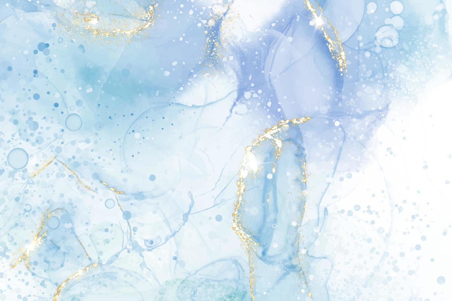 Pastel cyan mint liquid marble watercolor background with gold lines and brush stains. Teal turquoise marbled alcohol ink drawing effect. Vector illustration backdrop, watercolour wedding invitation.