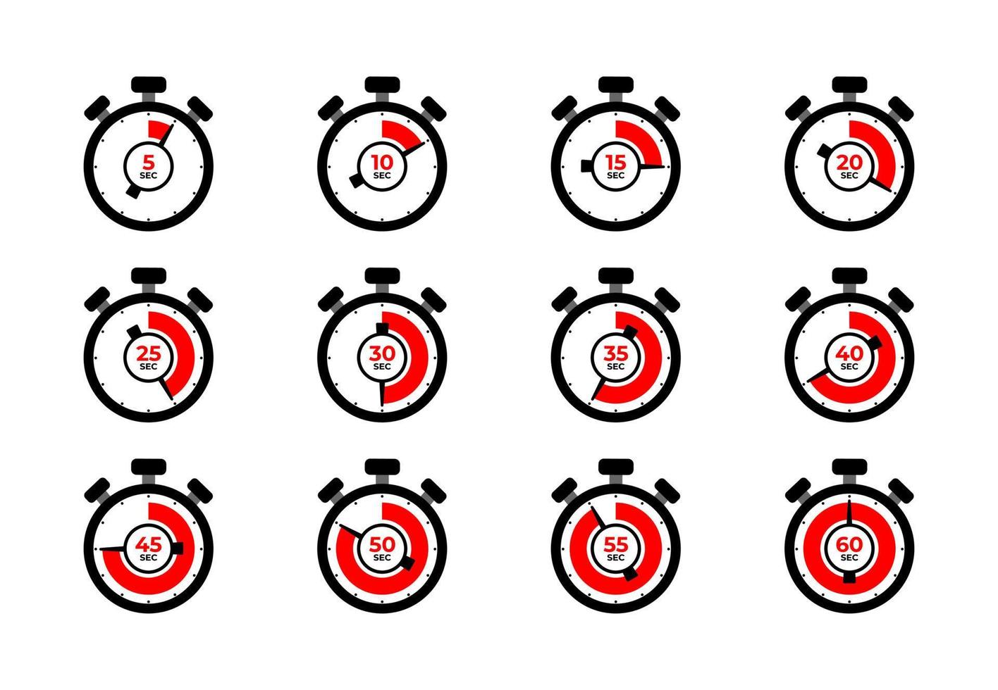 Set of timer and stopwatch icon. Countdown from 5 to 60 seconds. Label cooking and kitchen timer. vector