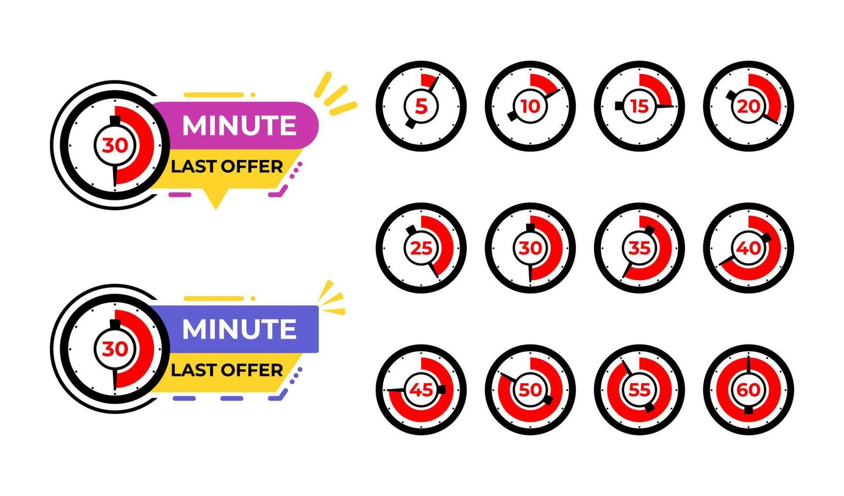 Set of bundle last minute offer banners element with clock icon. Countdown last minute offer from 5 to 60 seconds. vector